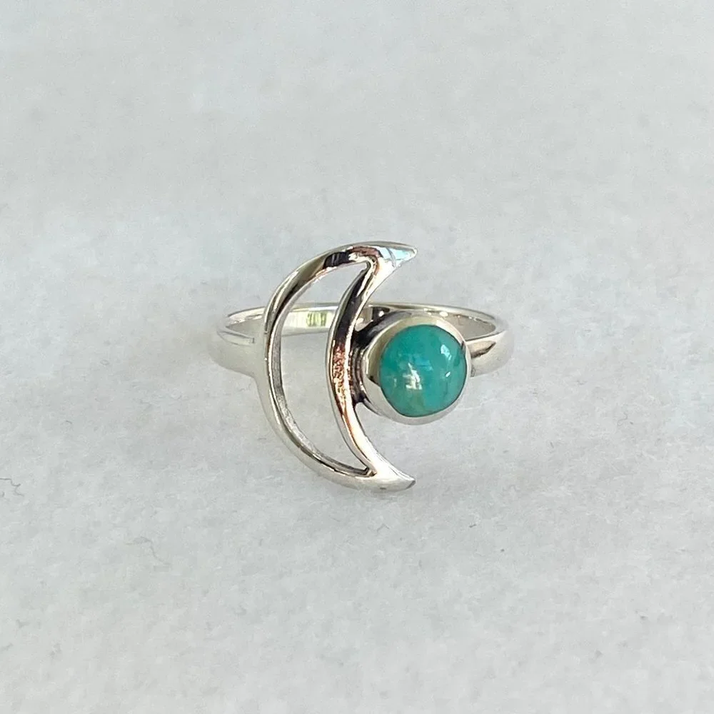 Sterling Silver 925 Thai Crescent Moon Round Turquoise Celestial Ring Sz 6.5 NEW